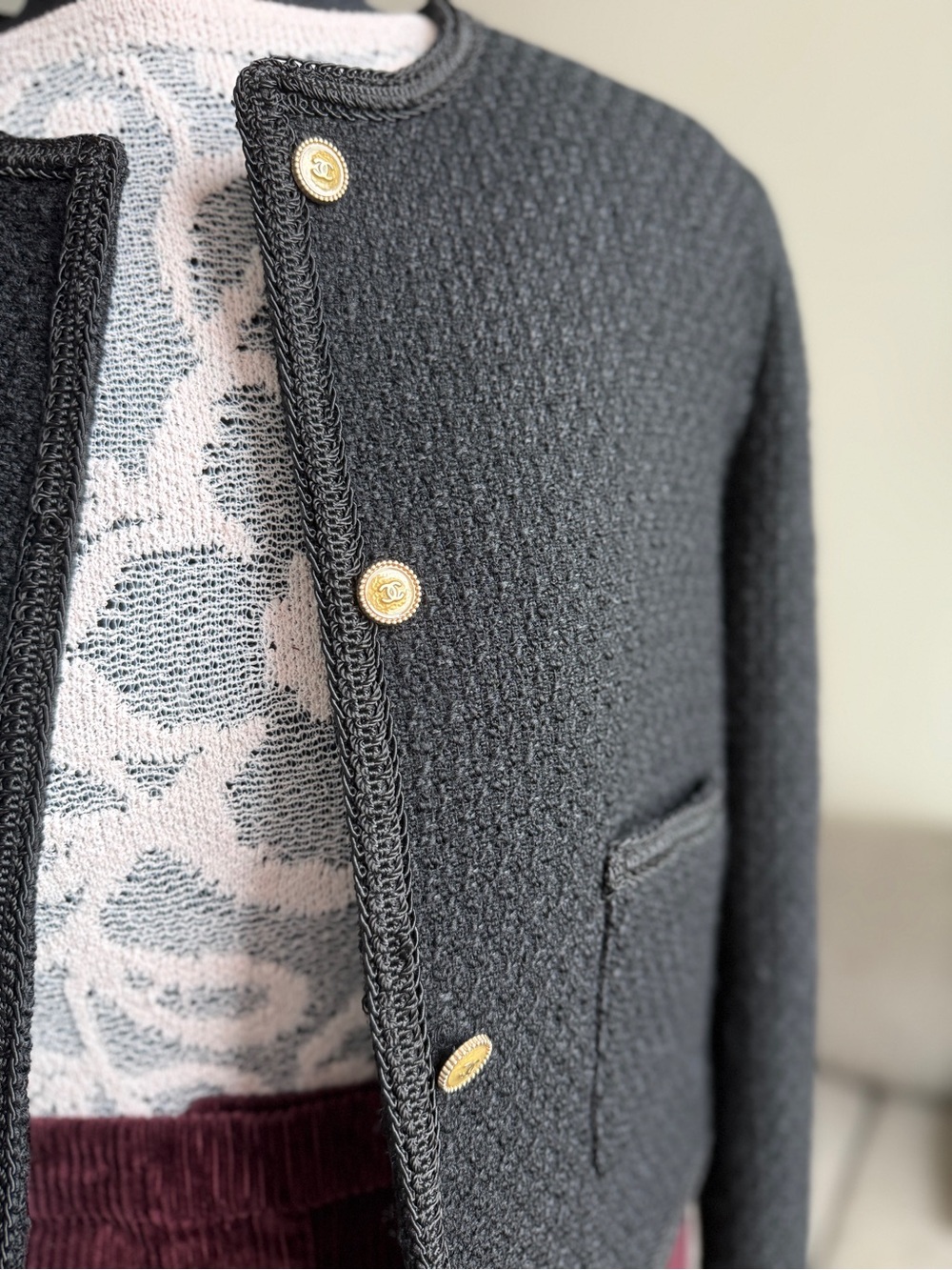 Cropped Black Textured Blazer with Gold Buttons